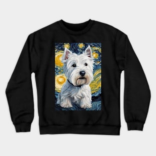 Cute West Highland White Terrier Dog Breed Painting in a Van Gogh Starry Night Art Style Crewneck Sweatshirt